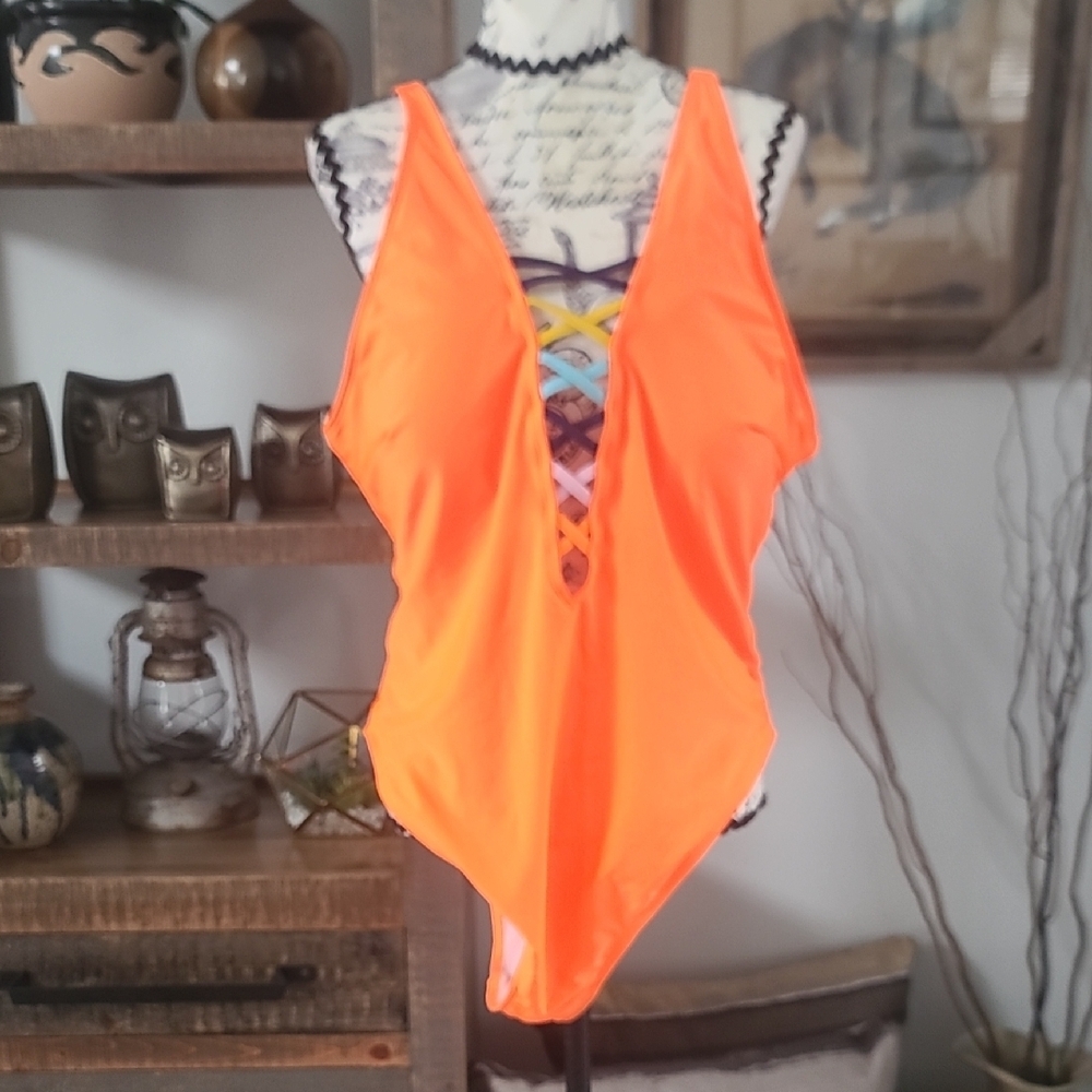 Bright Orange One-Piece Swimsuit with Lattice Front